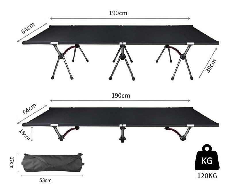 Dimension diagram of lightweight aluminum folding camp cot unfolded and folded size