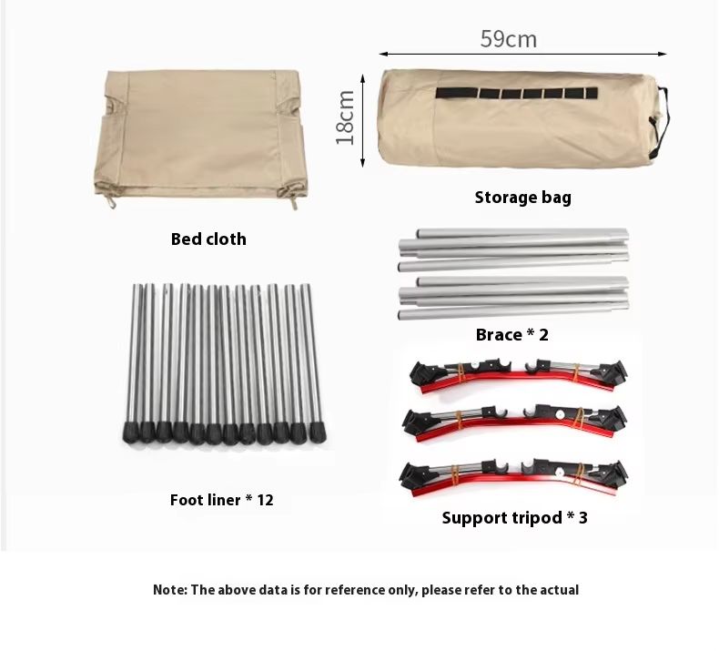 Full spare parts list for detachable aluminum camping cot including storage bag